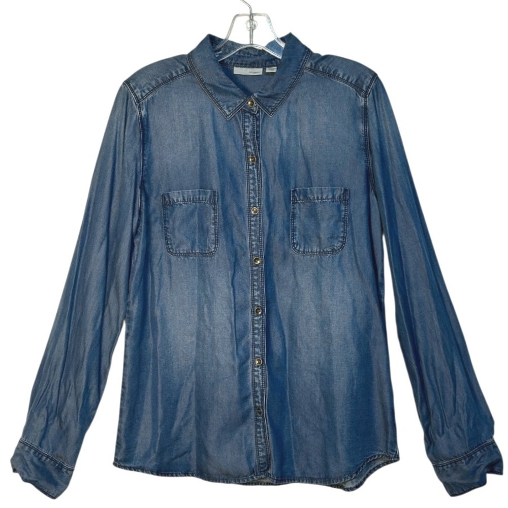 Halogen Button Down Shirt Blue Denim Chambray Long‎ Sleeve Soft Lightweight LG